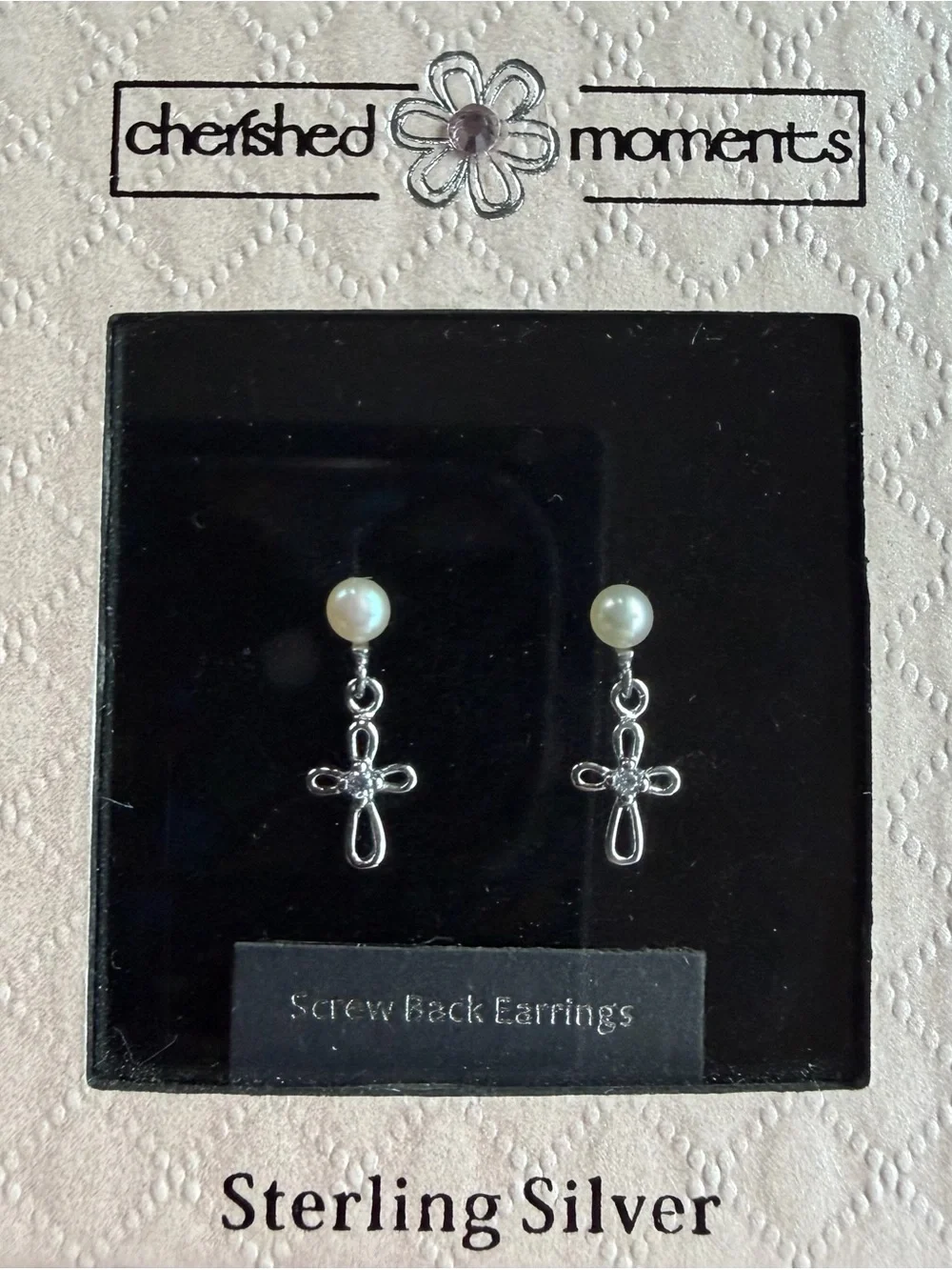 NEW! Girls Pearl & CZ Cross Dangle Earrings, Sterling Silver in Giftbox